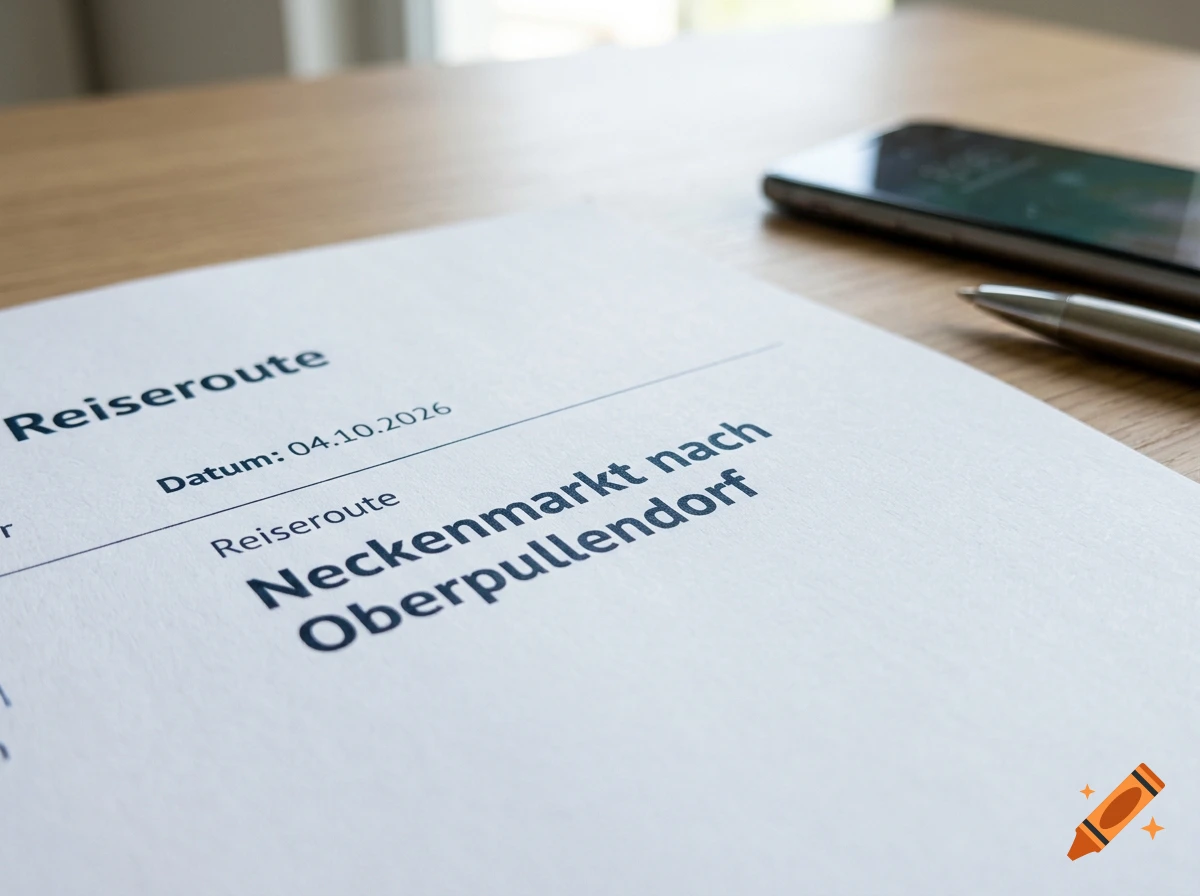 Close-up of a travel route document on a wooden table with a pen and smartphone.
