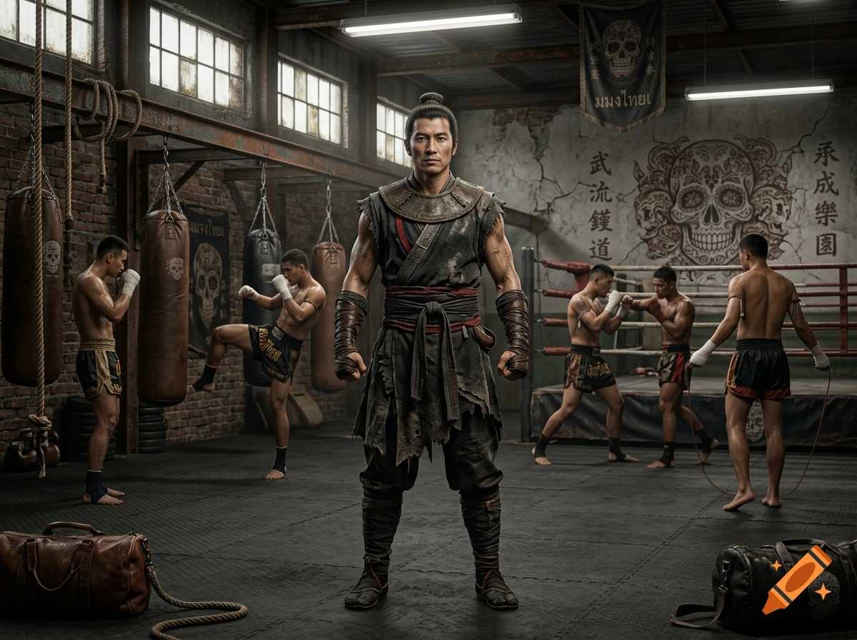 Photorealistic image of a central martial artist in a gritty gym surrounded by other fighters and skull banners.