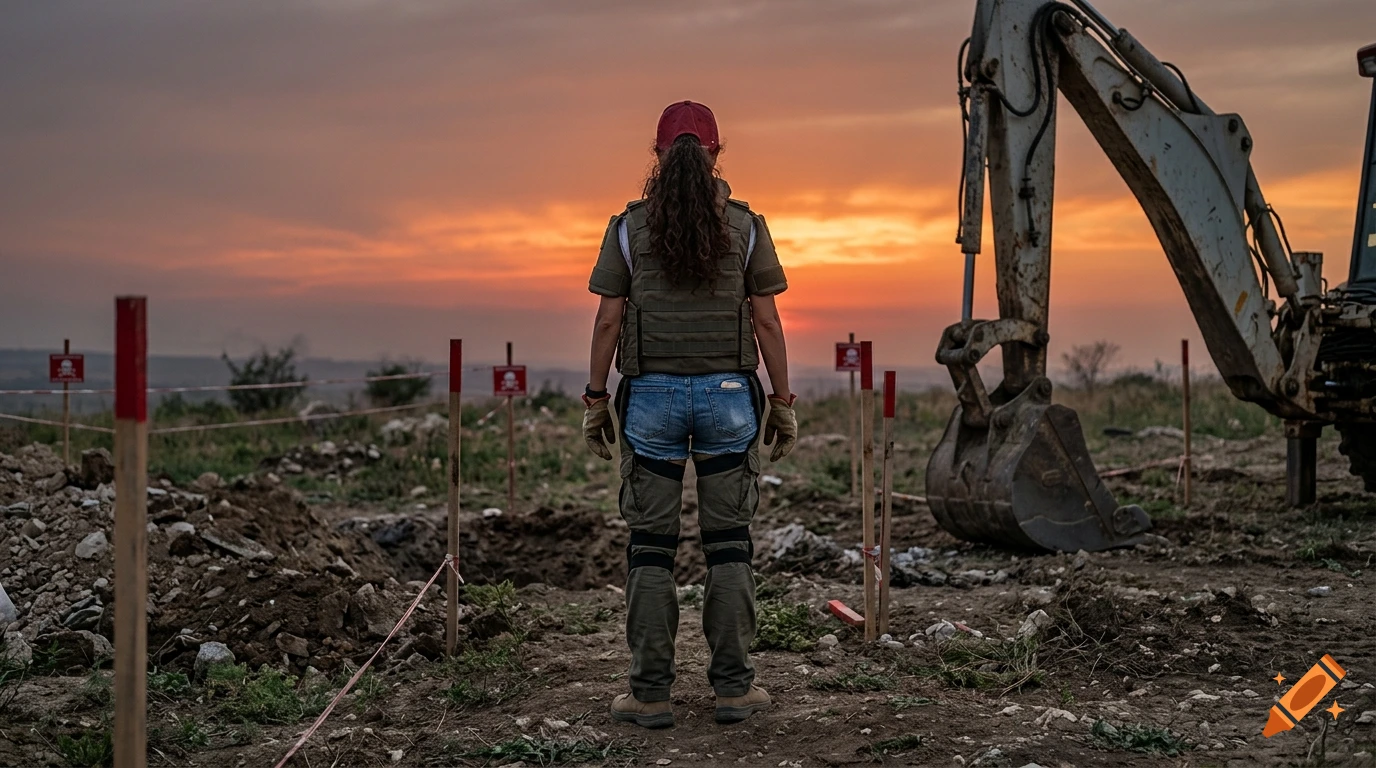 Photorealistic rear view of a woman in protective gear standing in a mined field at sunset with an excavator on the right.