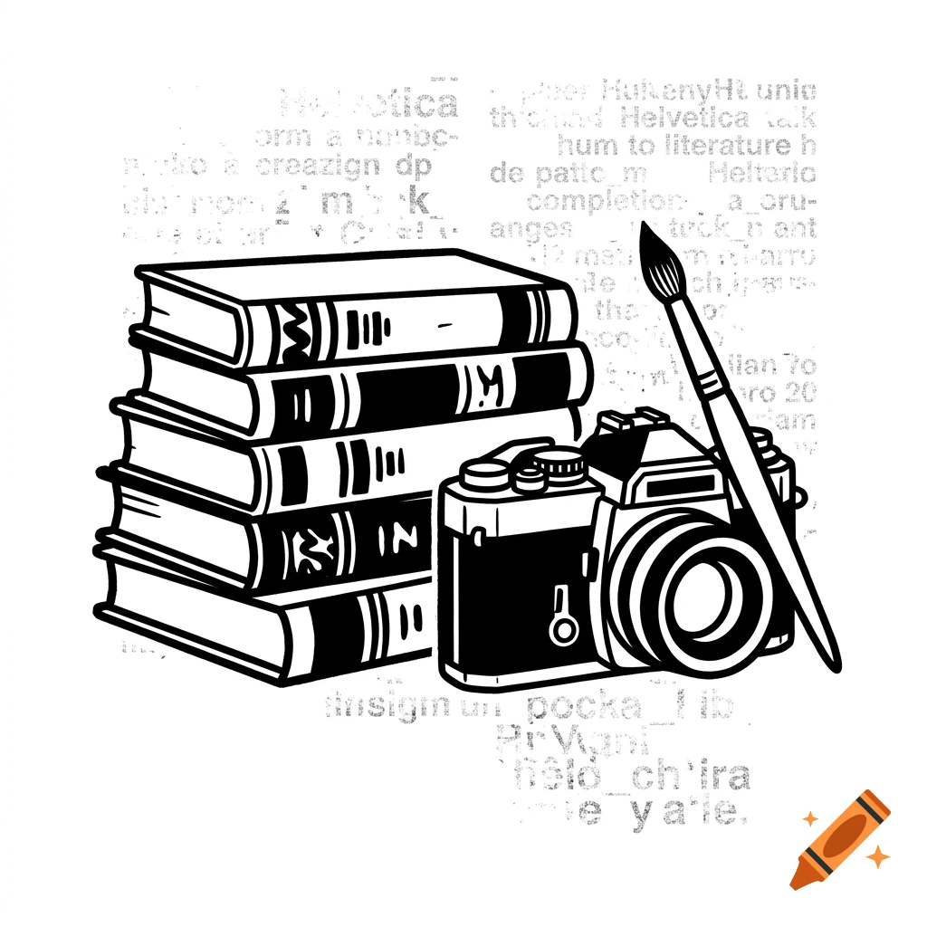 Black and white line art vector illustration of a stack of books, a vintage camera, and a paintbrush against a typography background.