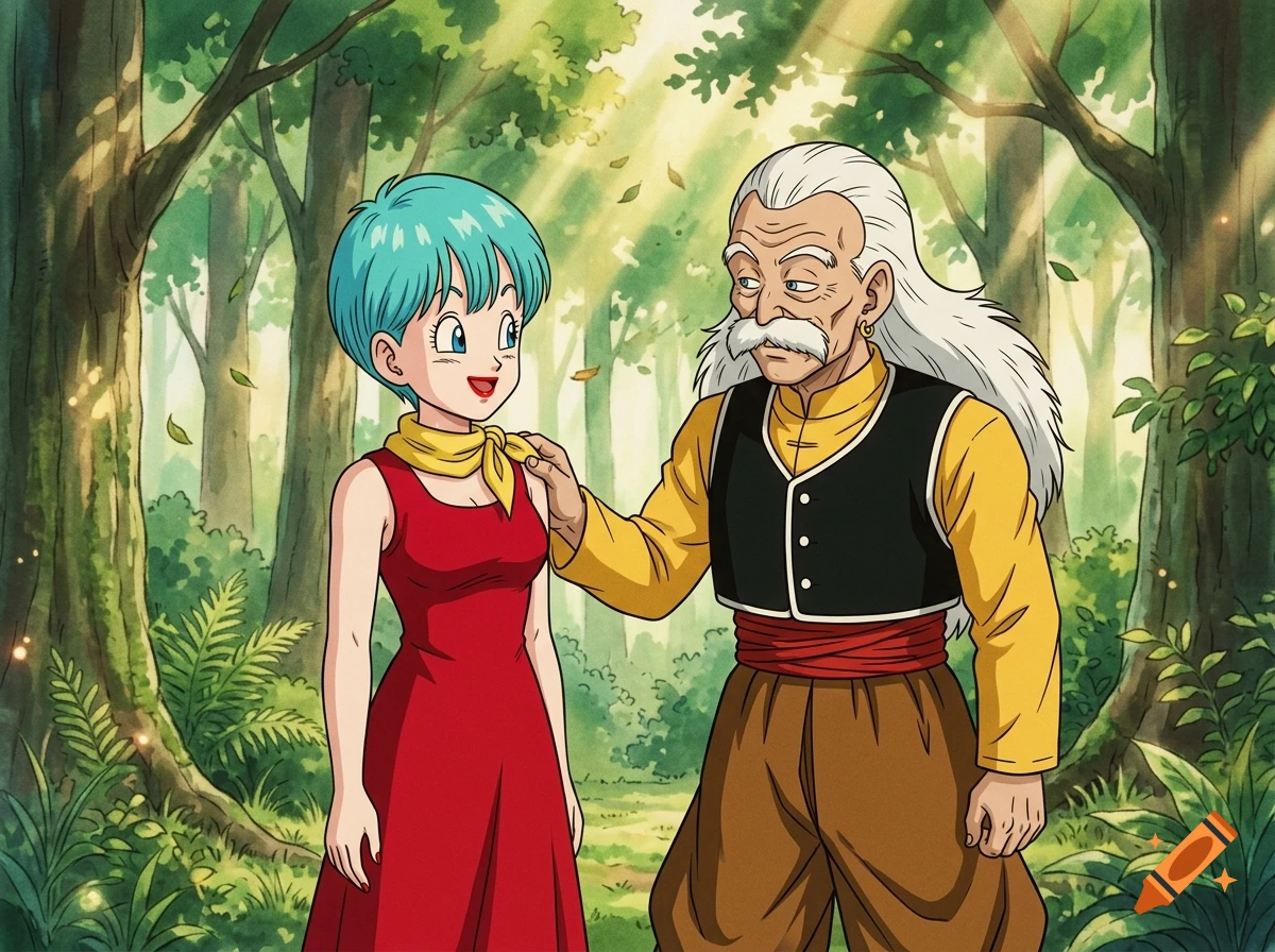 Bulma and Doctor Gero interacting in a lush green forest, 90s anime cel shading style.