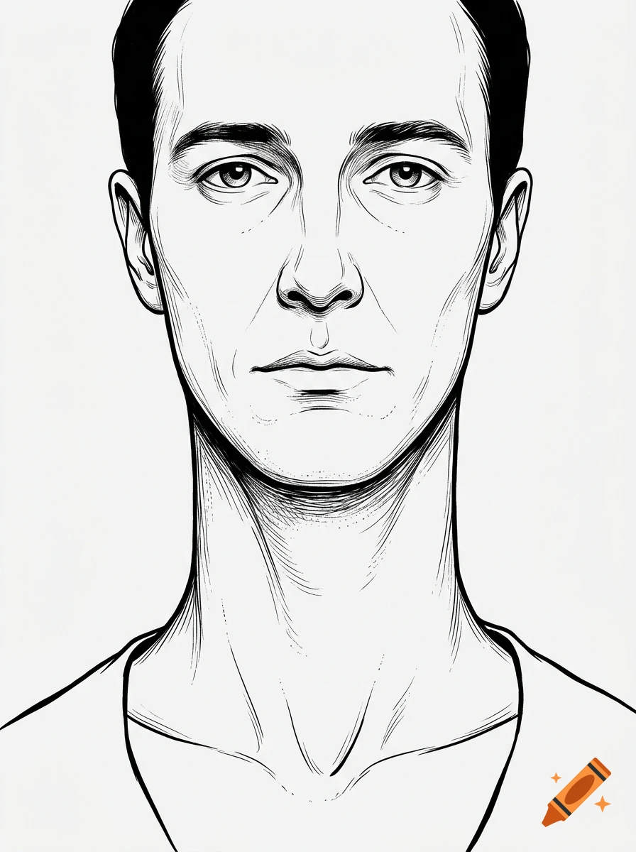 Black and white line art portrait of a man with his face fused into his neck.