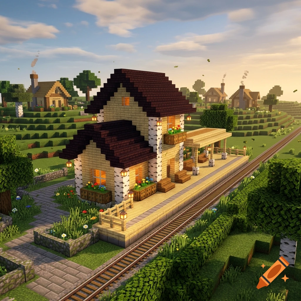 Minecraft style digital art of a small village with a birch wood railway station, cozy houses, and grassy hills.