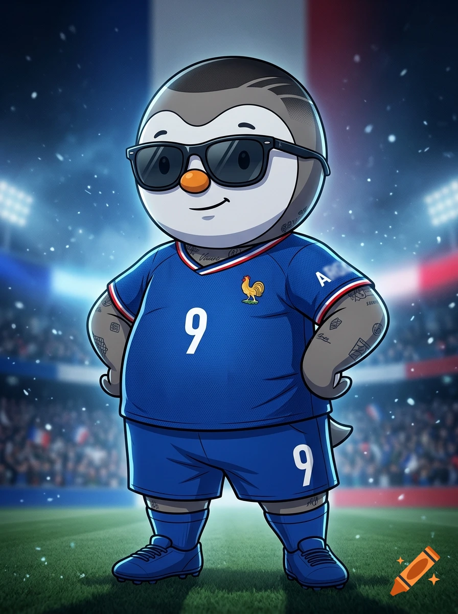 Cartoon penguin wearing sunglasses, a French football jersey, and tattoos, standing on a soccer field in a stadium.