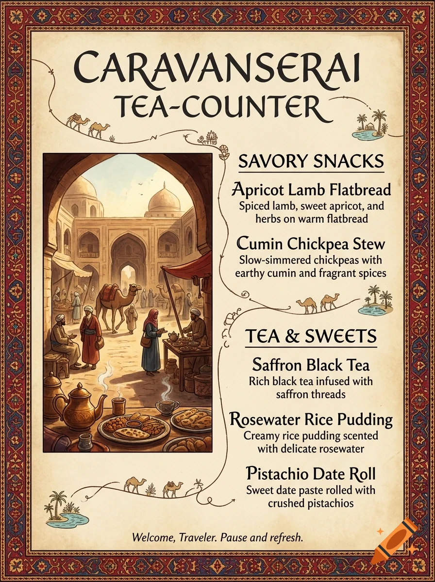 An illustrated menu for Caravanserai Tea-Counter with ornate borders, listing food items and featuring an image of a Middle Eastern marketplace with camels.