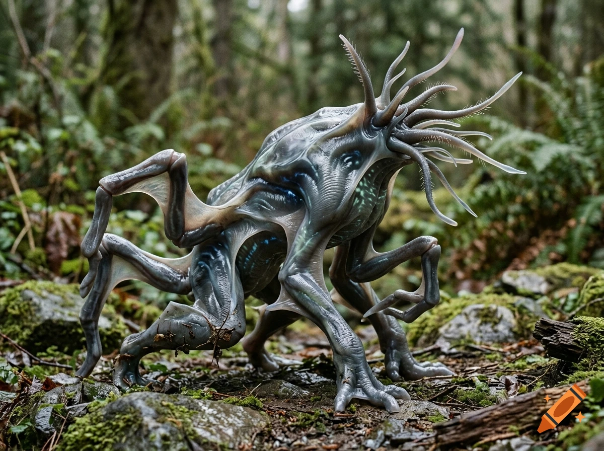 Photorealistic image of a strange multi-limbed creature with tentacles in a forest.