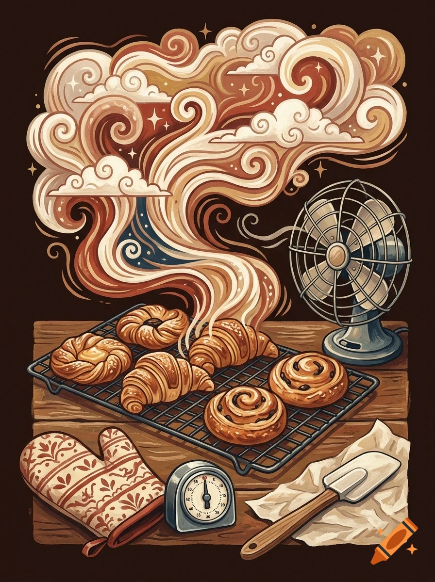 An illustration of pastries cooling on a wire rack with swirling steam clouds, an electric fan, timer, and oven mitt.