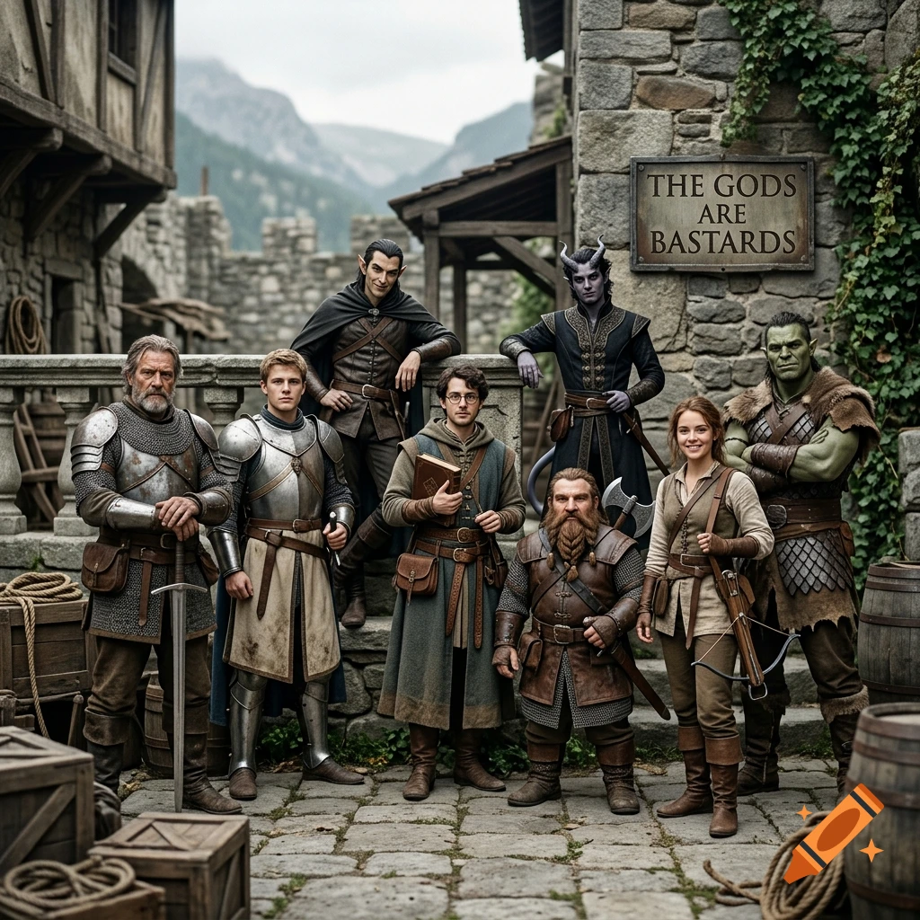 Group of diverse fantasy characters, including a knight, elf, dwarf, and orc, standing together in a medieval stone village, photorealistic style.