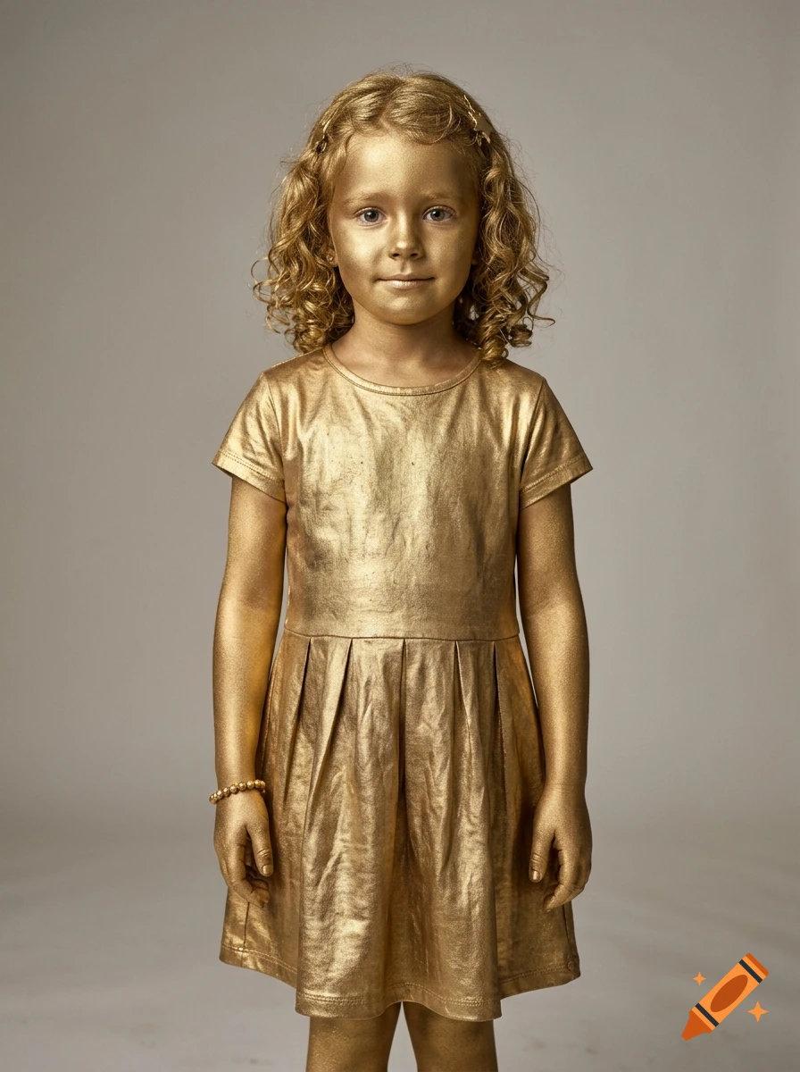 Photorealistic portrait of a young girl with curly hair completely covered in shiny metallic gold paint, standing against a neutral background.