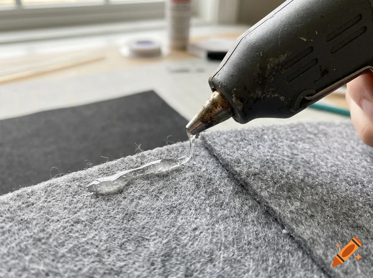 A hot glue gun dispensing melted glue onto a gray felt fabric surface.