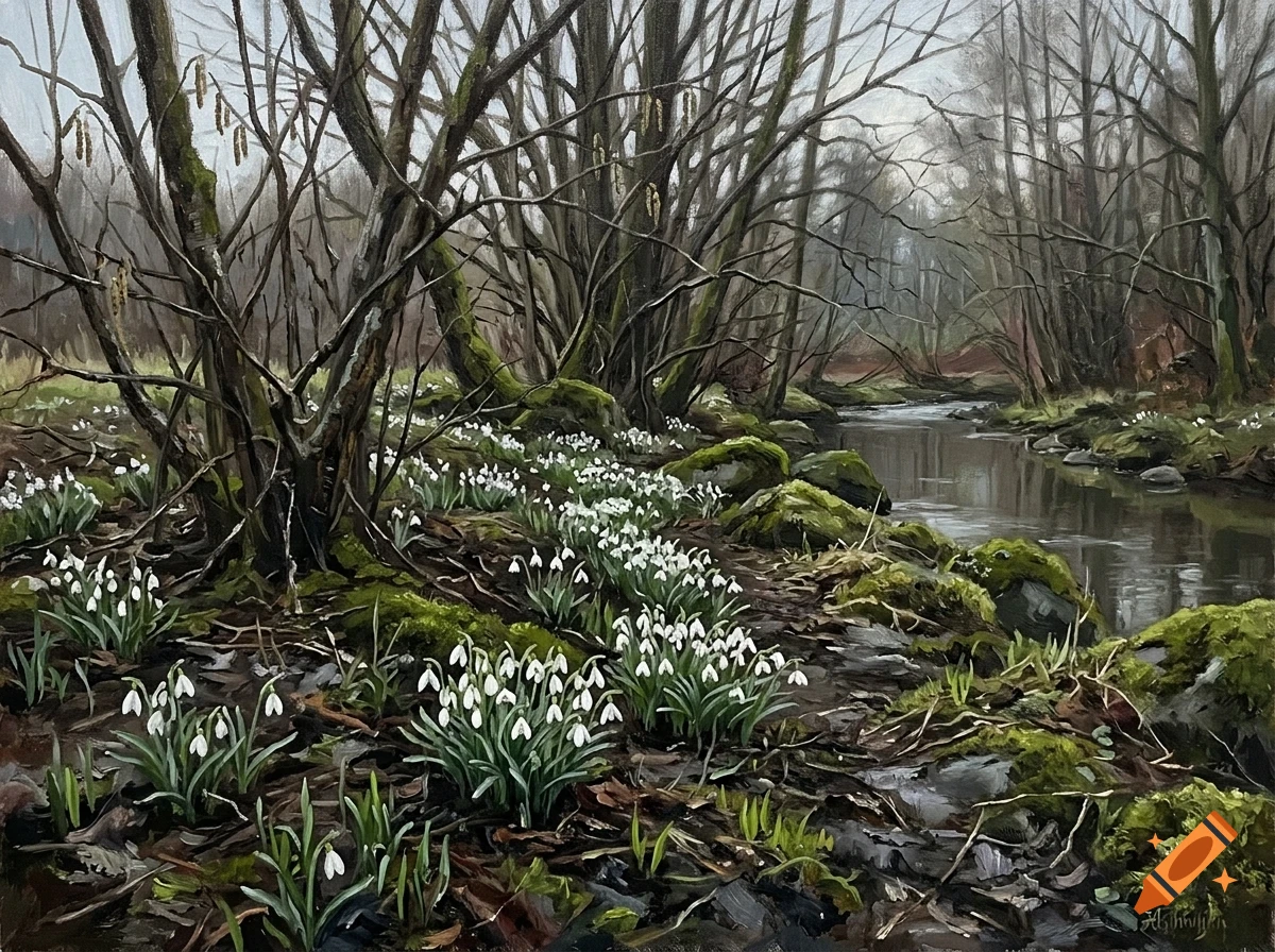 An oil painting of a forest in early spring, featuring white snowdrop flowers blooming along the banks of a winding stream among mossy rocks and bare trees.