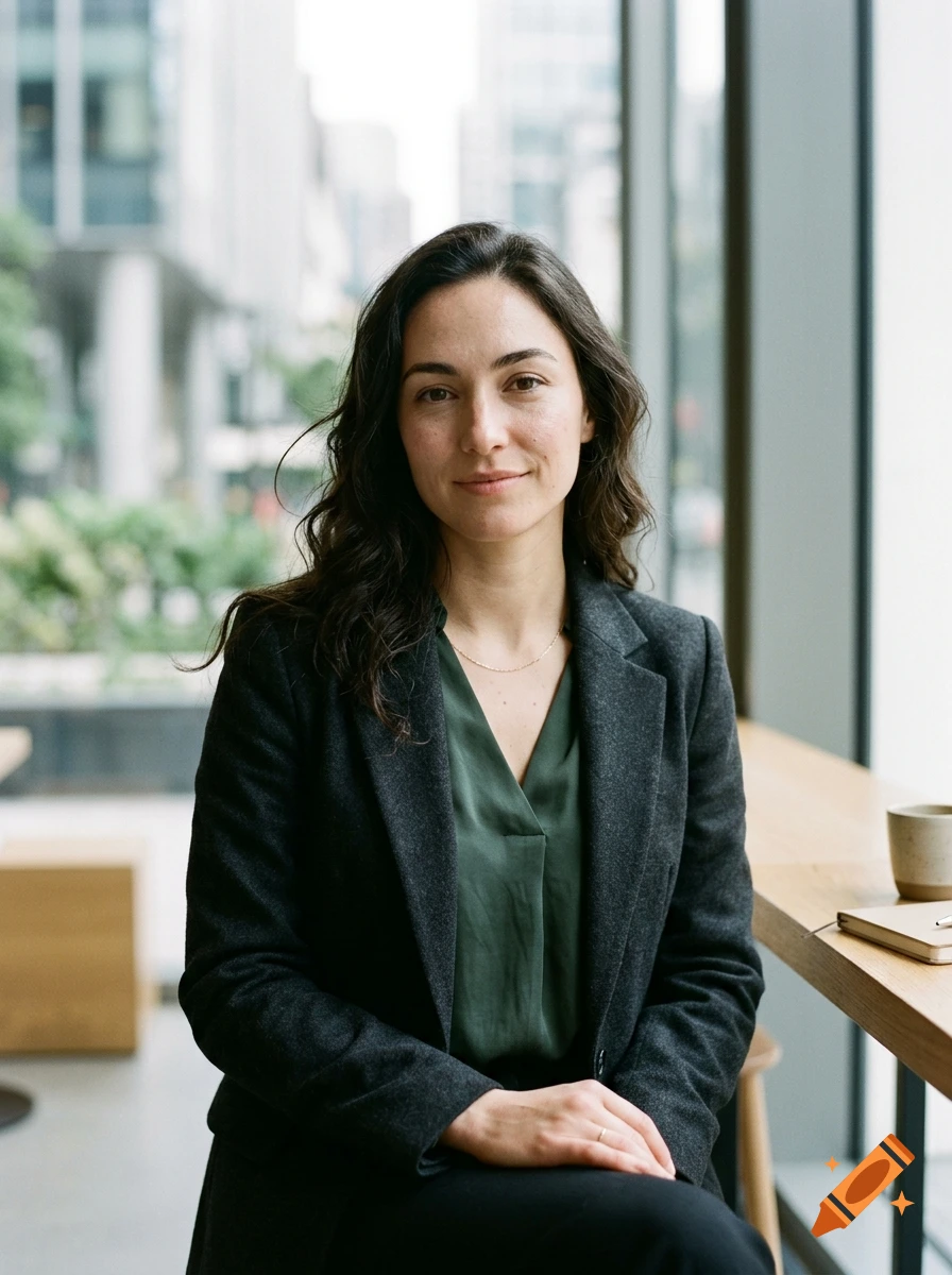 Photorealistic portrait of a woman with dark hair wearing a grey blazer and green top sitting near a window in a cafe.
