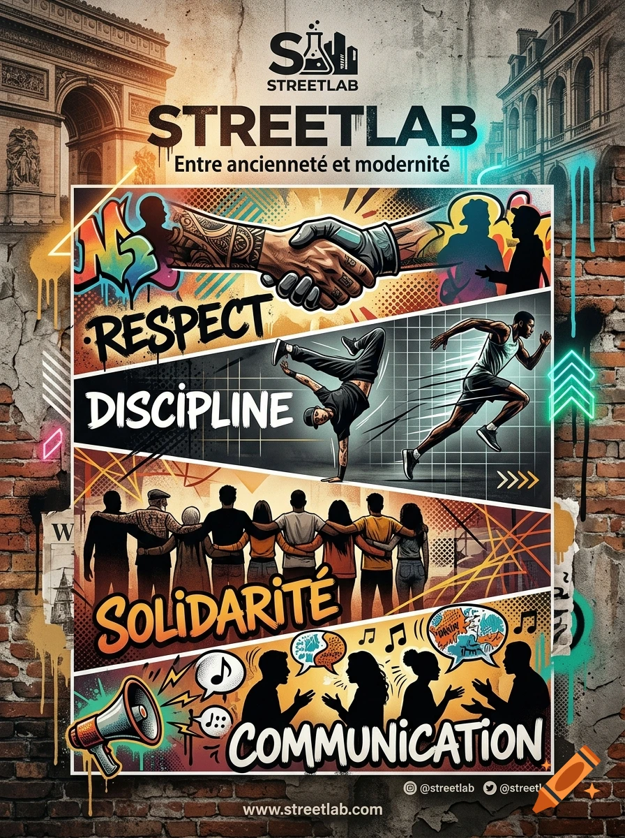 Modern urban advertising poster for StreetLab featuring values like respect, discipline, solidarity, and communication with graffiti and street art style.