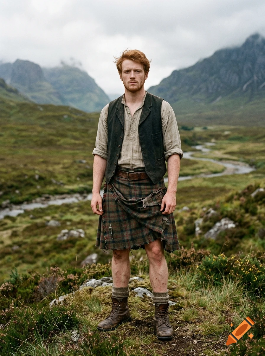 Photorealistic image of a young red-haired man standing in a Scottish highland landscape, wearing a tweed vest and a tattered kilt.