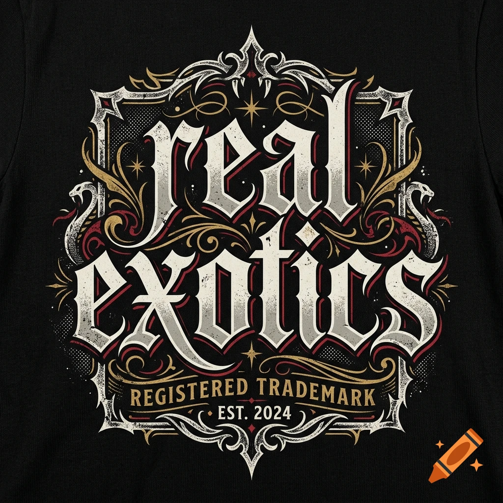 Gothic emblem on a black t-shirt with ornate lettering reading 'real exotics' and 'registered trademark est. 2024'.