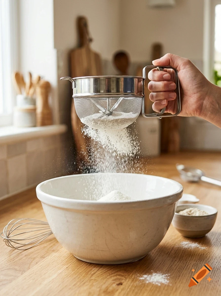 A person sifting flour from a metal crank sifter into a white ceramic bowl on a wooden countertop.