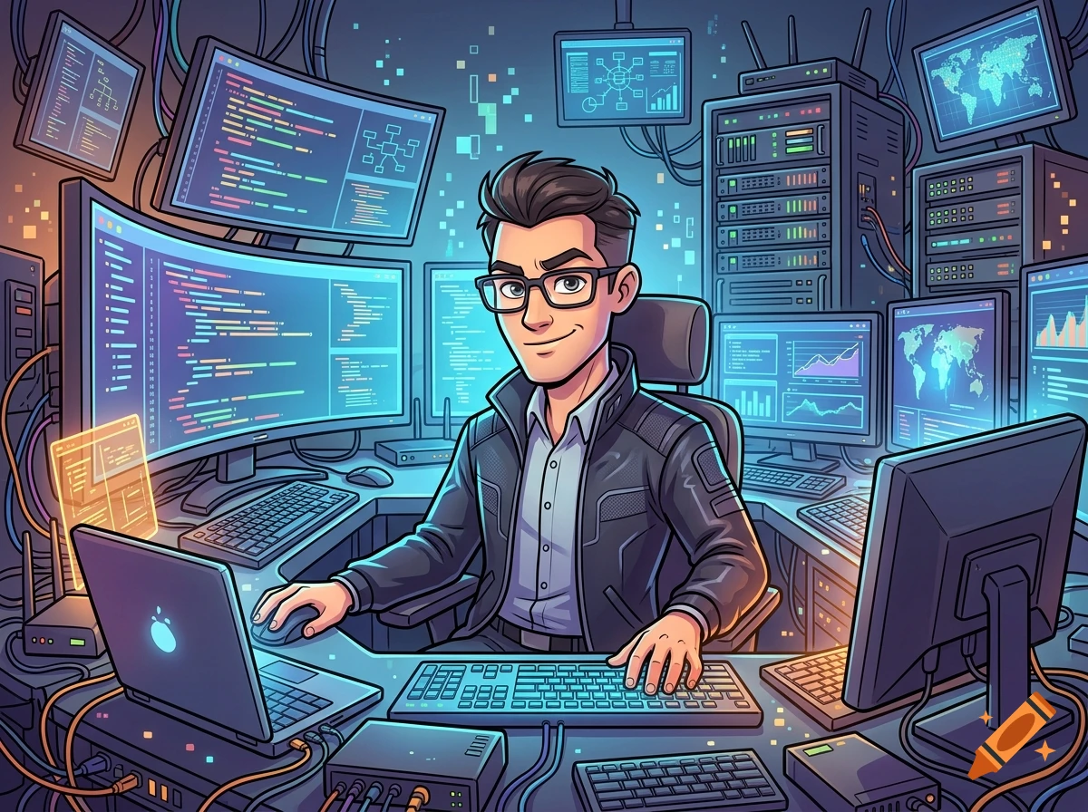 Cartoon illustration of a smiling IT specialist surrounded by numerous computer screens and servers with code and data charts.