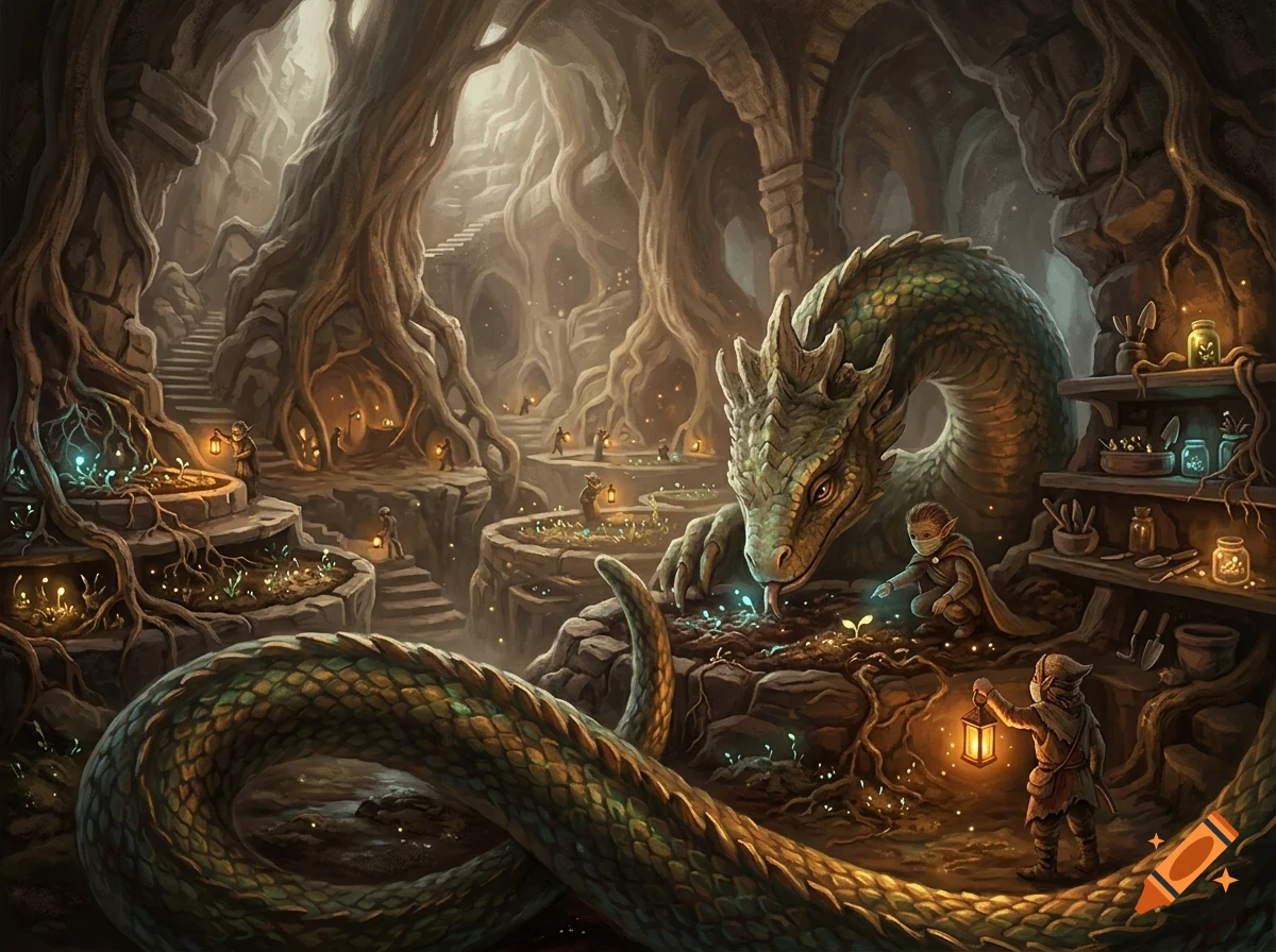 A fantasy illustration of a large dragon and tiny figures tending to glowing plants in an underground cavern with winding tree roots.