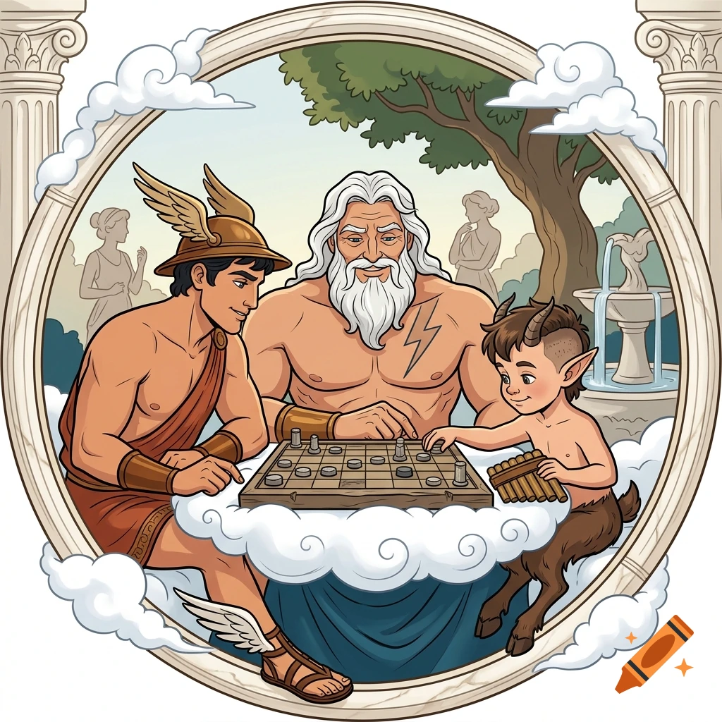 Vector logo illustration of Greek gods Zeus, Hermes, and Pan playing a board game on a cloud table, 1990s animation style.