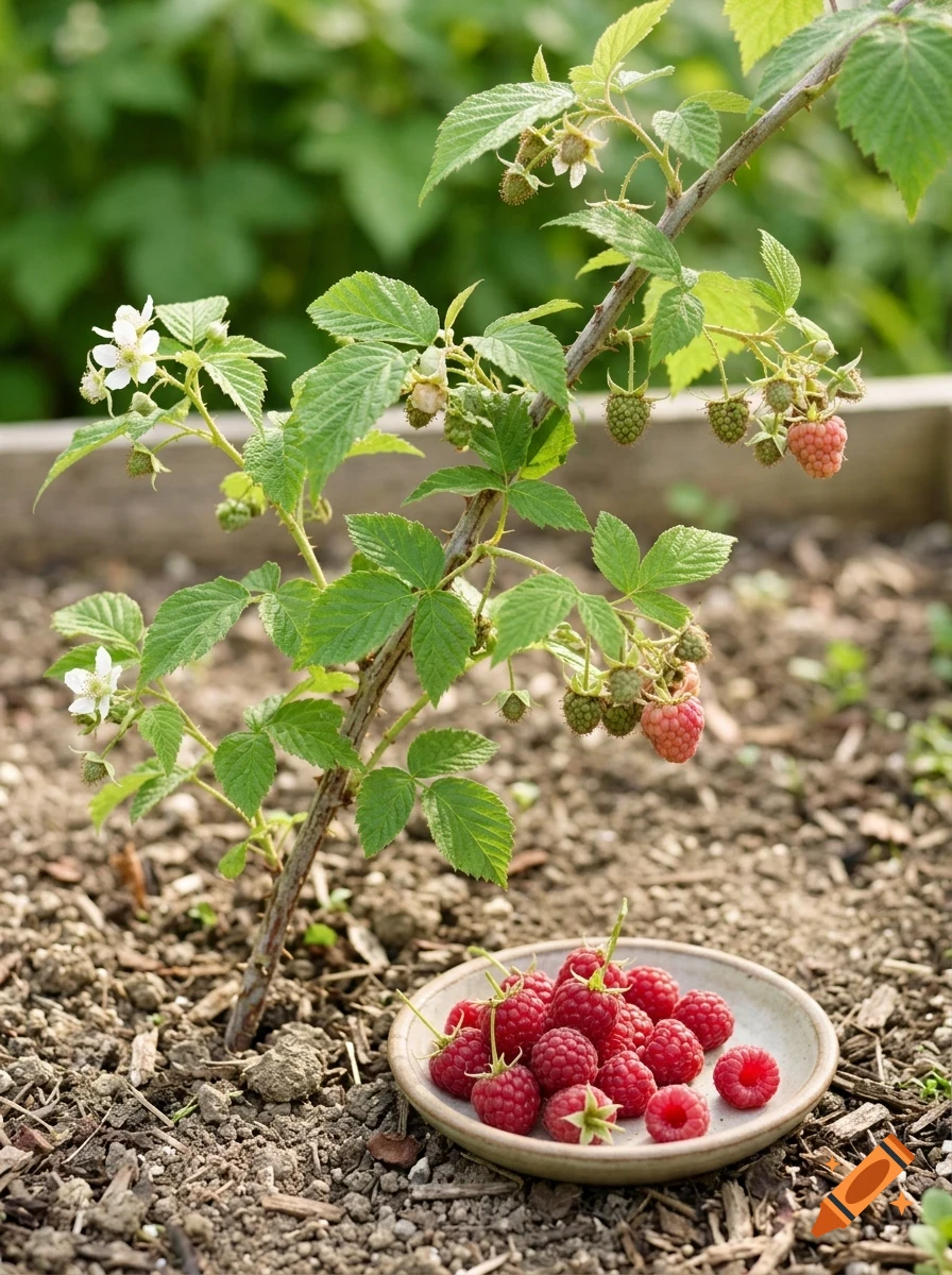 A small raspberry plant with green leaves, white flowers, and unripe berries growing in a garden bed, with a small bowl of ripe red raspberries placed on the soil in front.