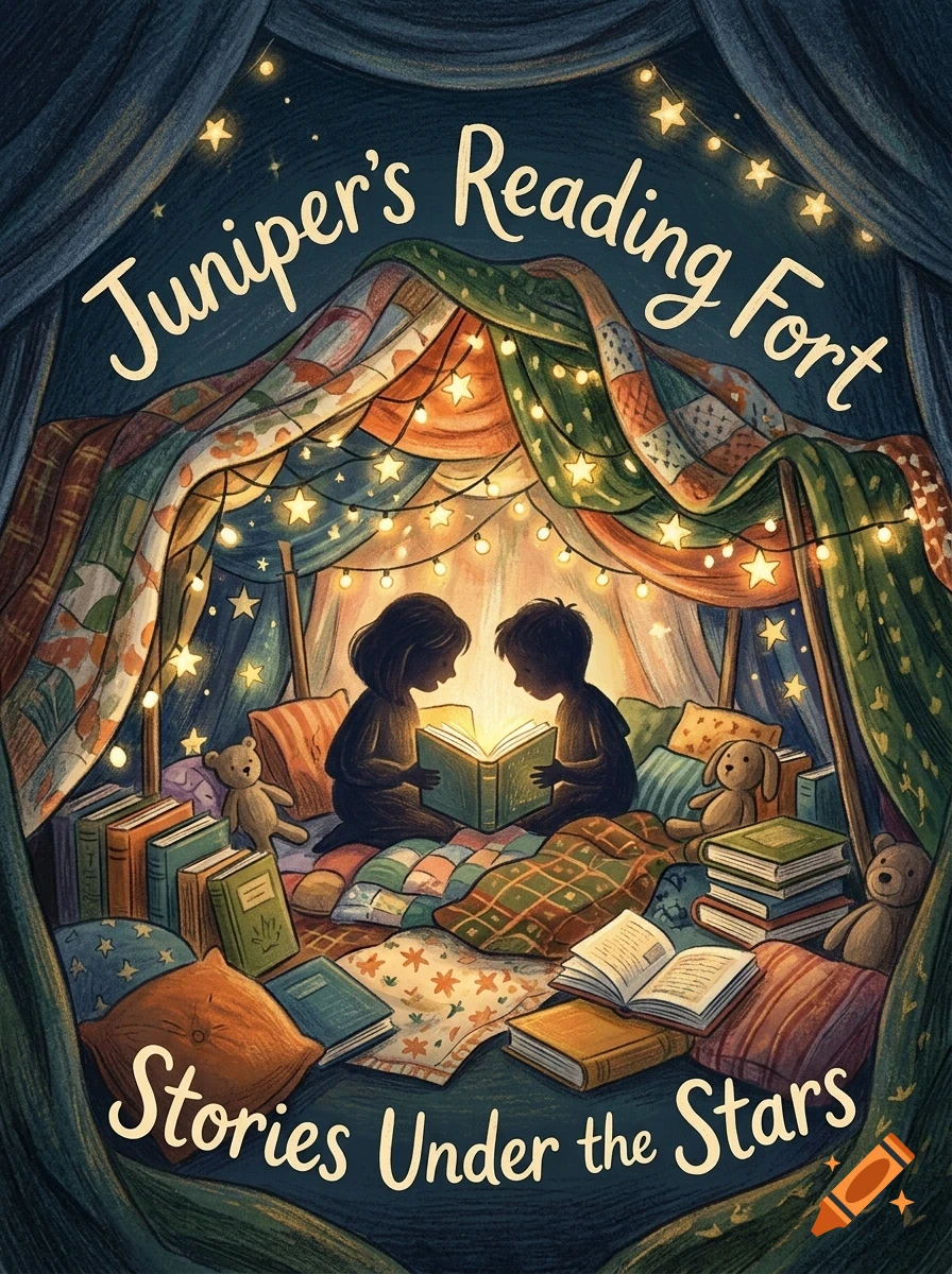 Two children sitting inside a cozy blanket fort reading a glowing book, surrounded by pillows, books, and fairy lights, with the text Juniper's Reading Fort and Stories Under the Stars.