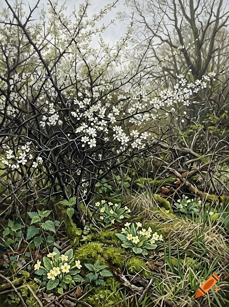An oil painting of a forest scene with blooming white flowers on a thorny bush and yellow primrose flowers growing on the mossy ground.
