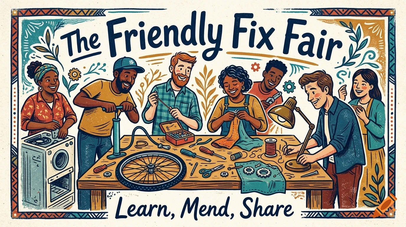 An illustrated poster depicting a diverse group of people repairing various items around a table, with the text 'The Friendly Fix Fair' and 'Learn, Mend, Share'.