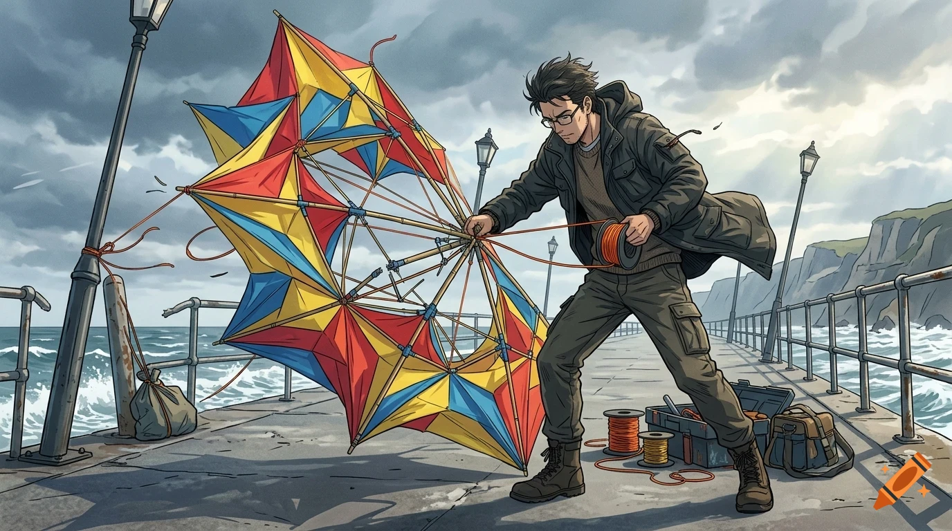 A man flying a large, complex multi-part kite on a windy concrete pier by the ocean.