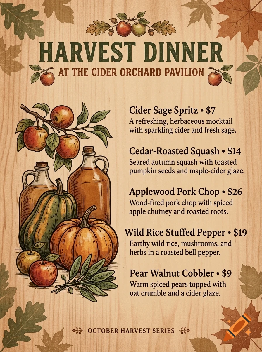 A rustic harvest dinner menu featuring autumn-themed illustrations of apples, pumpkins, and leaves on a woodgrain background.