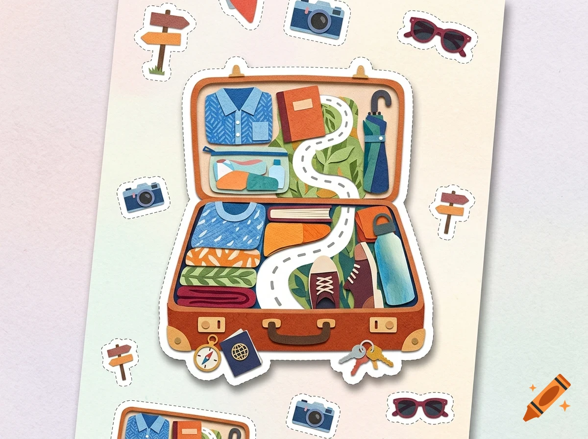 An open suitcase packed with folded clothes, a book, an umbrella, a water bottle, and shoes, with a winding road graphic inside, surrounded by travel sticker icons.