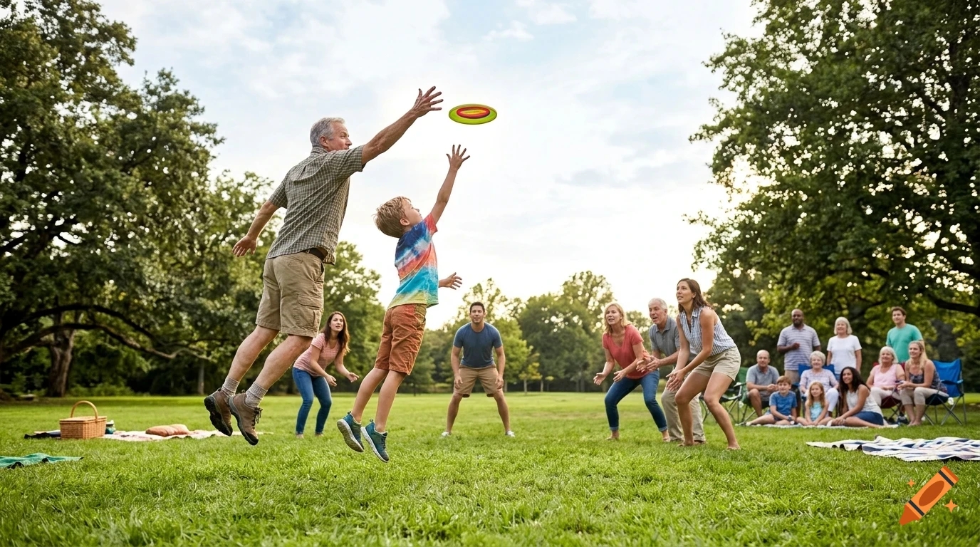 A large family playing and catching a flying disc in a park.