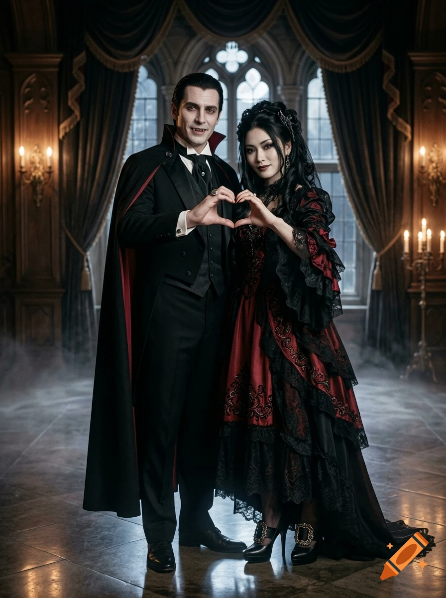 Photorealistic portrait of Dracula and an Asian female vampire bride making a heart shape with their fingers in a gothic hall.