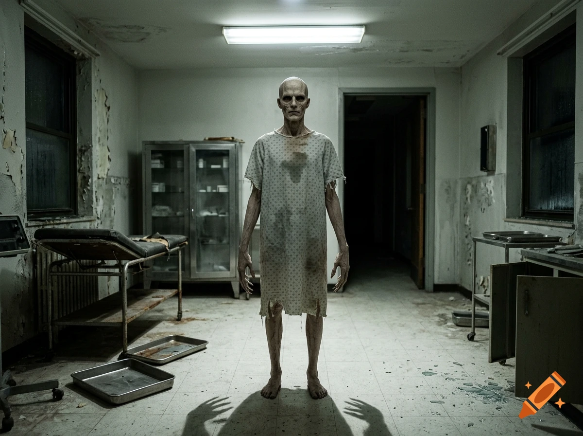 Photorealistic image of a pale, bald humanoid creature standing in a derelict hospital room.