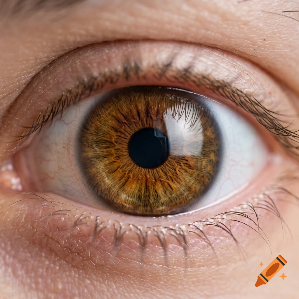 Close-up macro photograph of a human eye with amber and brown iris and detailed eyelashes.
