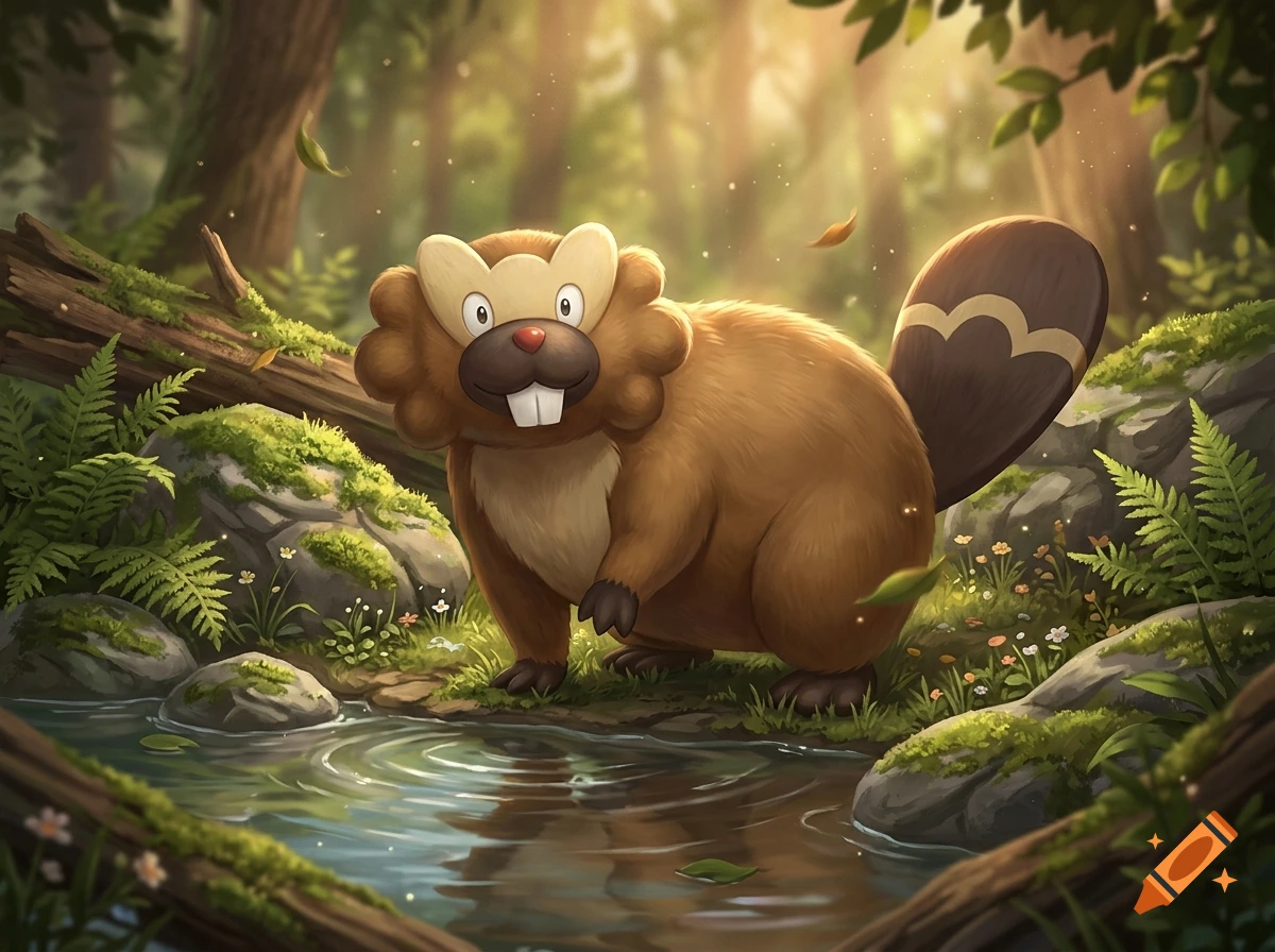 Digital illustration of a Bibarel standing near a forest stream with mossy rocks and ferns.