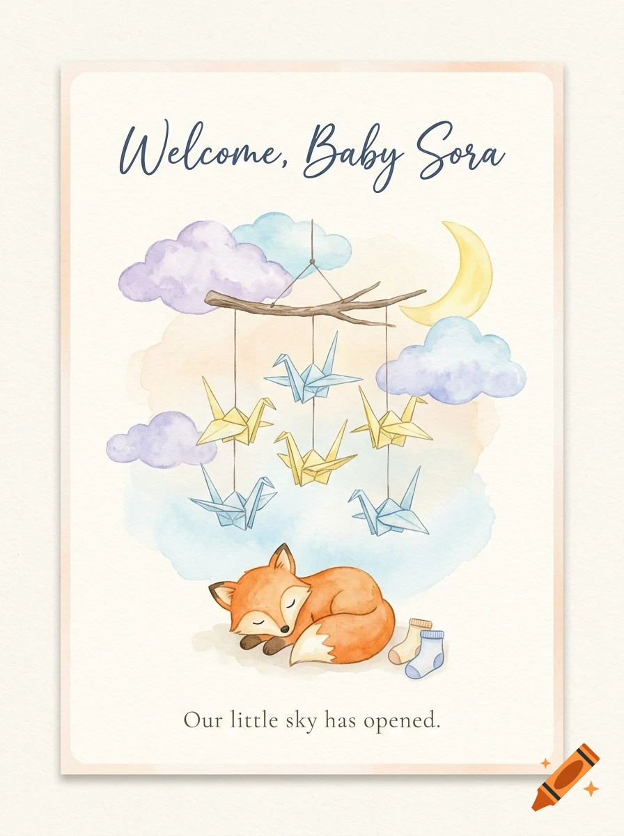 A watercolor greeting card featuring a sleeping baby fox below an origami crane mobile, clouds, moon, and text reading Welcome, Baby Sora.