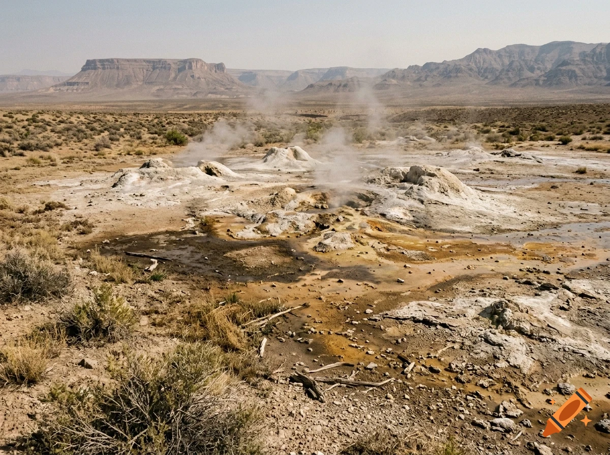 A desolate landscape featuring steaming thermal vents and mineral deposits, with distant flat-topped mountains under a hazy sky.