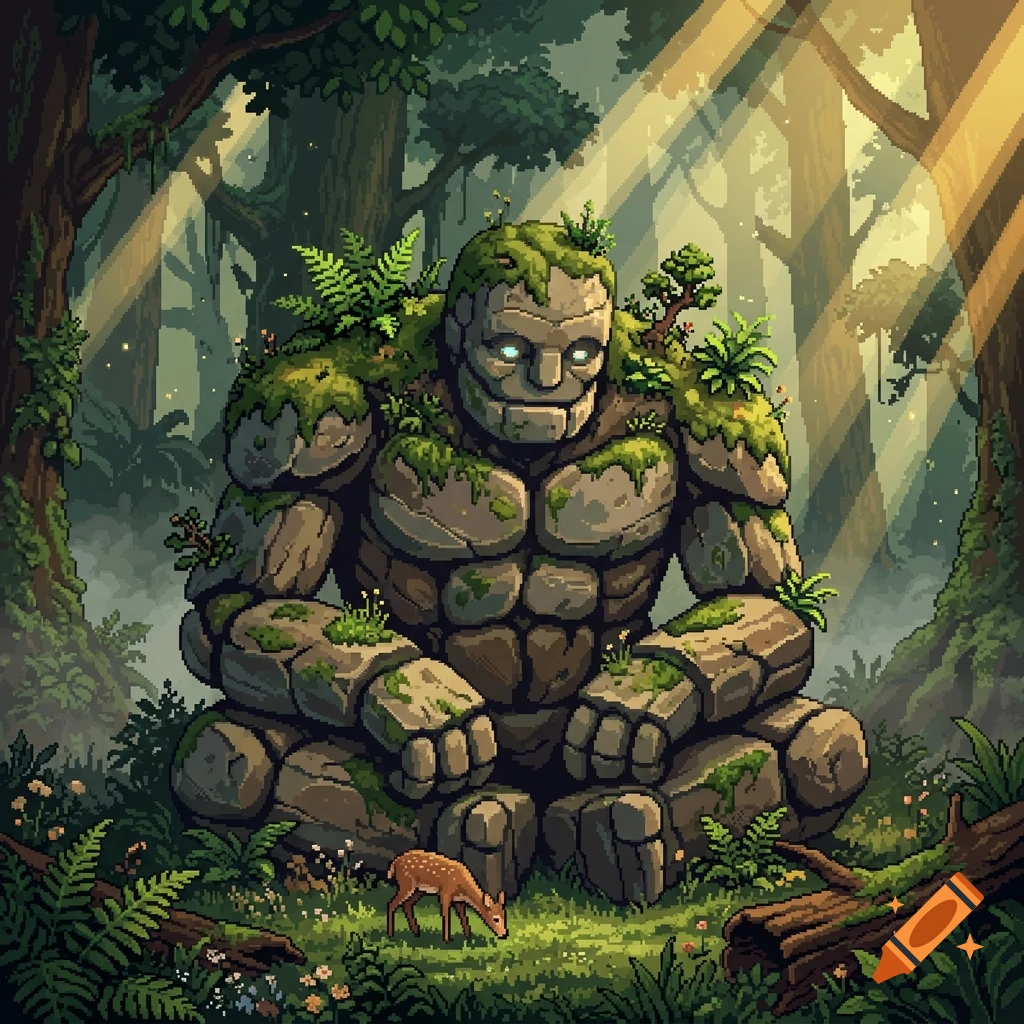 Stone Drawing Icon Mossy Stone Golem in Misty Forest on Craiyon
