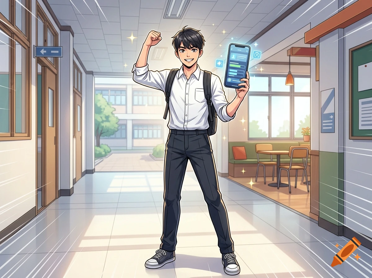 Anime style illustration of a confident young male student holding a smartphone in a school hallway.