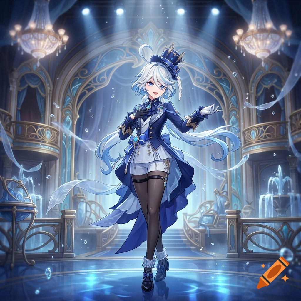 Anime style illustration of Furina from Genshin Impact posing in an ornate blue and gold ballroom with chandeliers and a fountain.