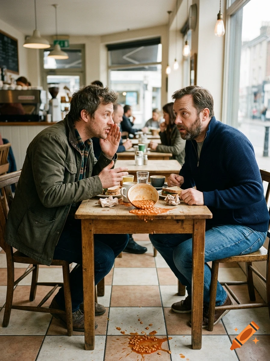 Two men sitting at a wooden table in a cafe, one leaning in whispering while a bowl of baked beans spills over the table and floor, photorealistic.