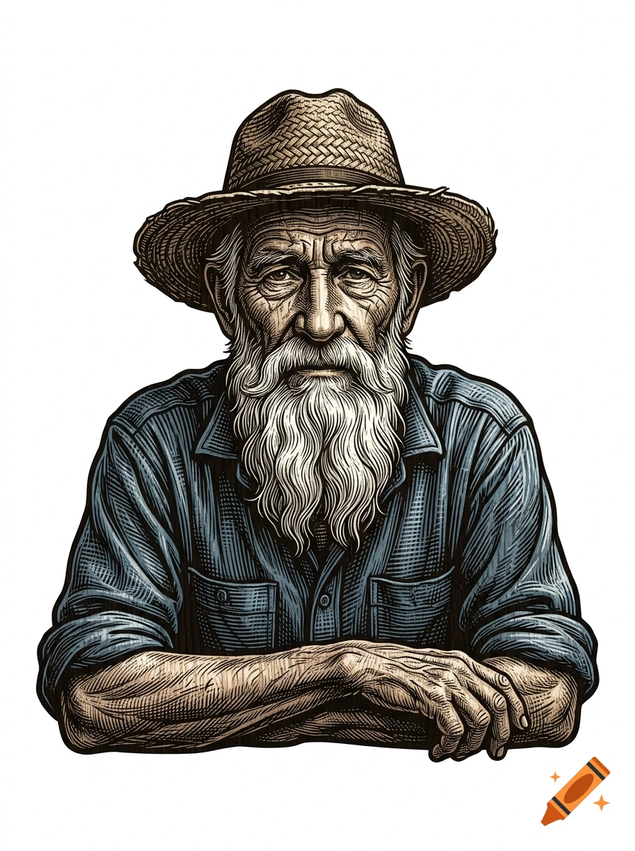Detailed woodcut illustration of an elderly farmer with a long white beard and straw hat, resting his arms.