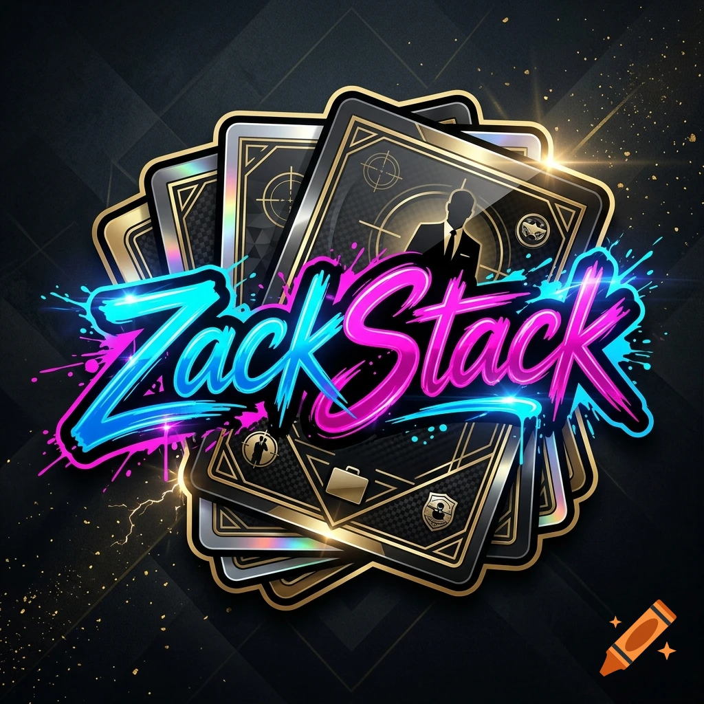 A stylized logo of a stack of 007-themed trading cards with the text ZackStack in neon blue and pink paint splash font.