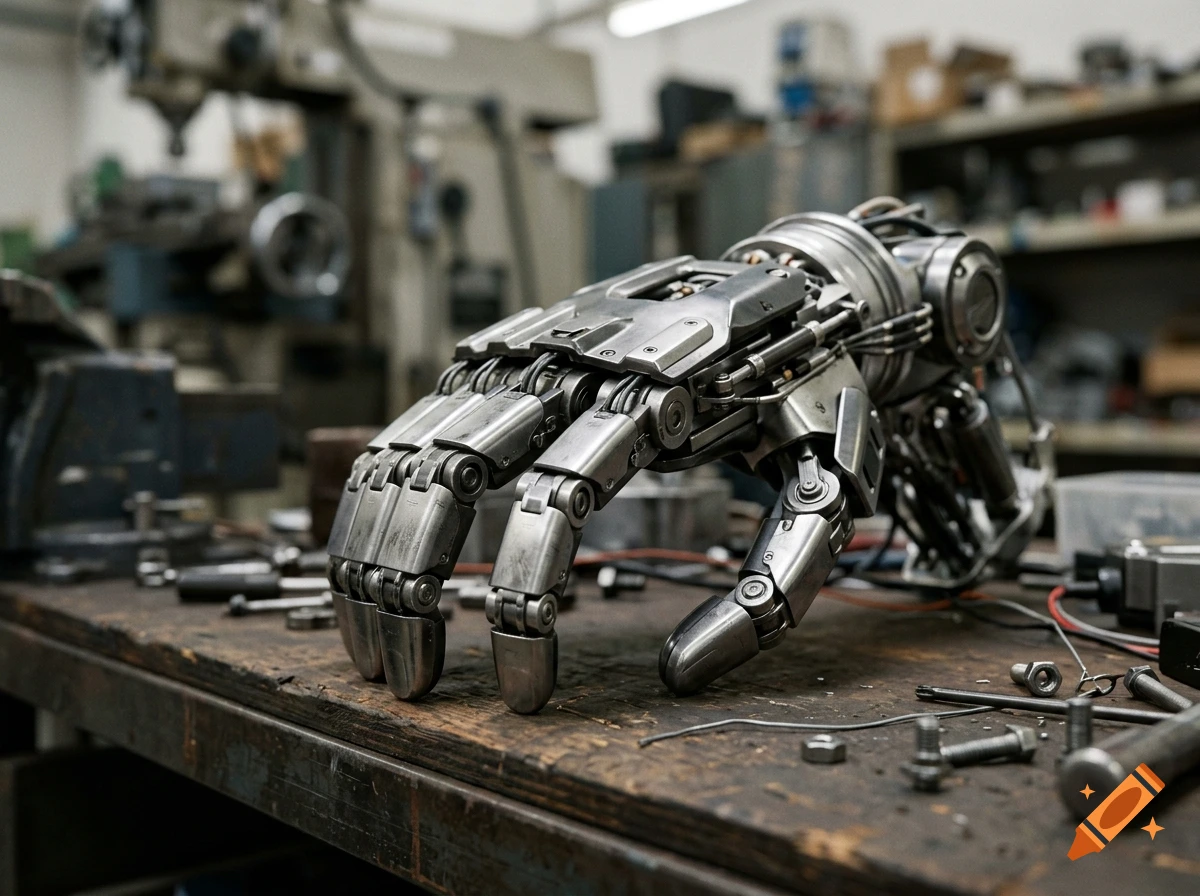 Close-up of a detailed robotic hand resting on a cluttered wooden workbench in a workshop, photorealistic style.