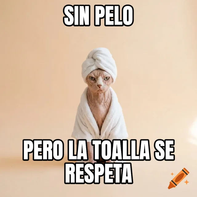 Sin pelo / Pero la toalla se respeta – Gato Sphynx con albornoz