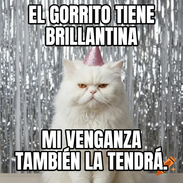 El gorrito tiene brillantina / Mi venganza también la tendrá. – Gato gruñón con sombrero de fiesta