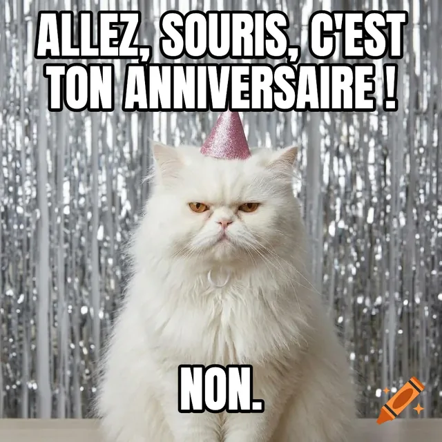 Allez, souris, c'est ton anniversaire ! / Non. – Chat grincheux avec un chapeau