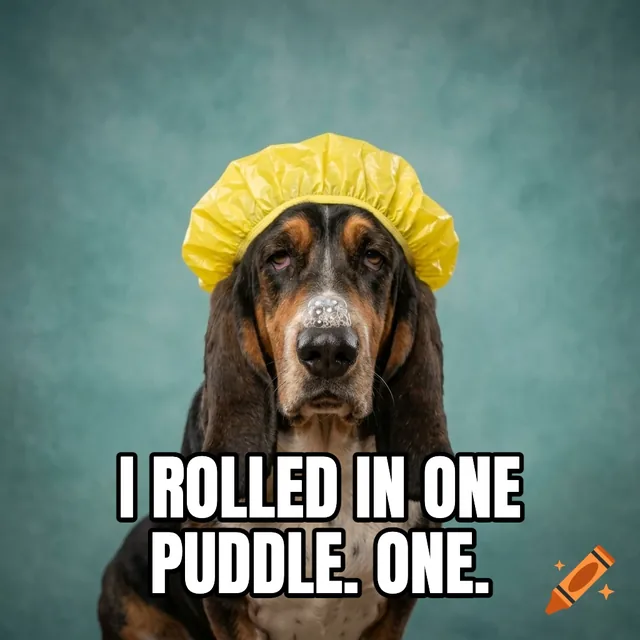 I rolled in one puddle. ONE. – Basset Hound in Shower Cap