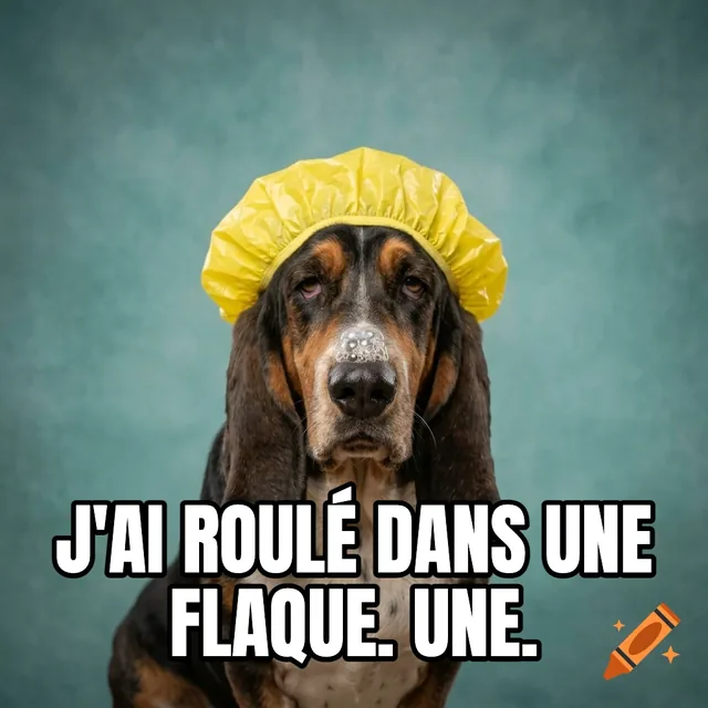 J'ai roulé dans UNE flaque. UNE. – Basset avec un bonnet de douche
