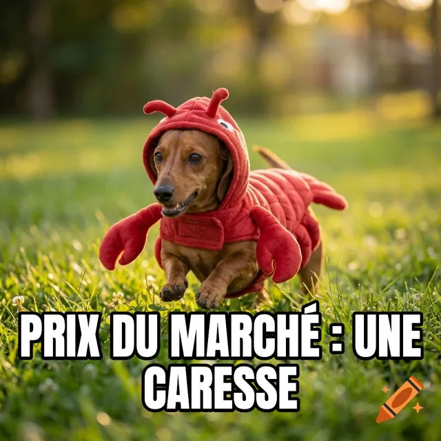 Prix du marché : une caresse – Teckel courant en costume de homard